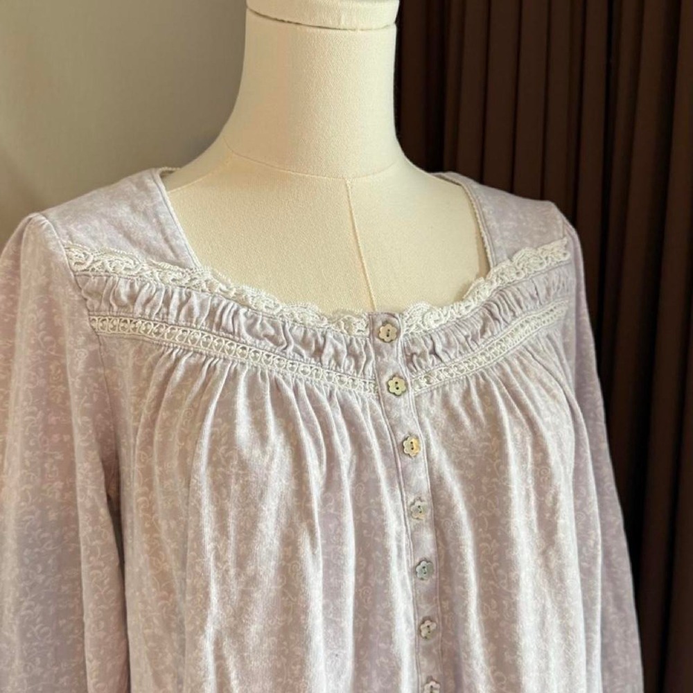 Eileen West Womens Small Light Purple Floral Lace Trim Long Sleeve Nightgown